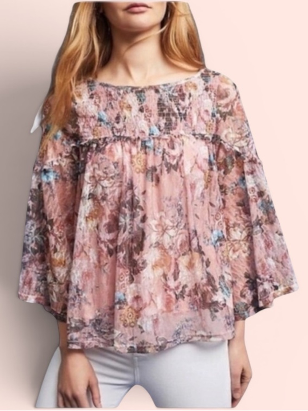 Akemi + Kin S/M Flare Sleeve Smocked Lace Semi-Sheer Peasant Blouse